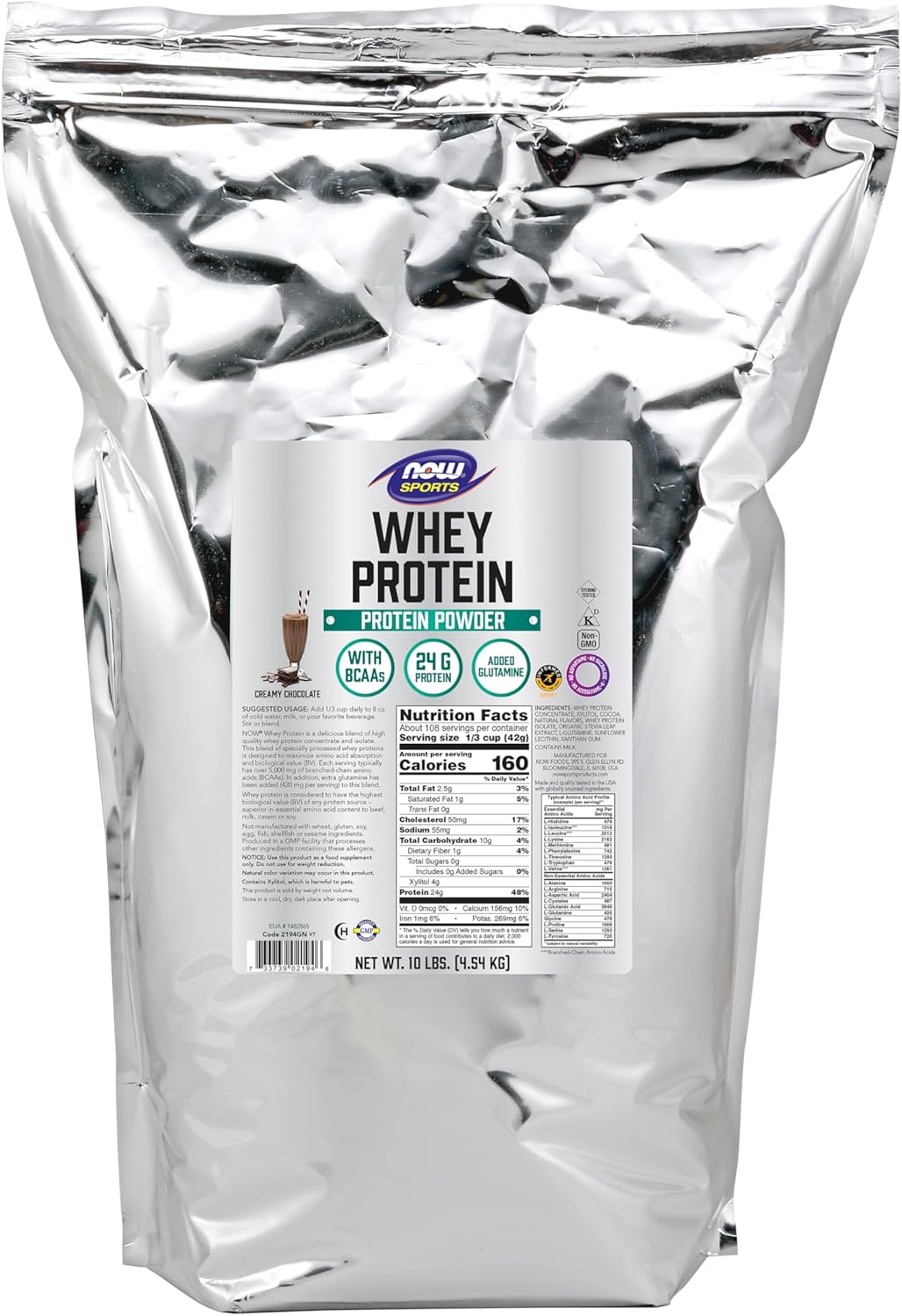 NOW Foods Sports Nutrition, Whey Protein, 24 g With BCAAs, Creamy Chocolate Powder, 10-Pound