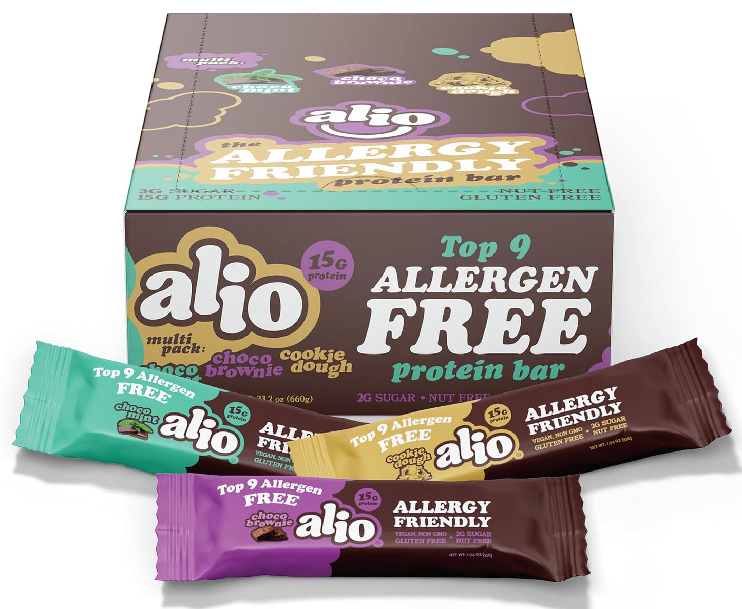 Alio Protein Bars - 3-Flavor Combo Box (12 Bars) \u2013 Free From The Top 9 Food Allergens, High Protein, Low-Calorie, Vegan, Gluten-Free, Nut-Free, Non-GMO, Plant-Based, Seed Oil Free, Delicious & Healthy Snack