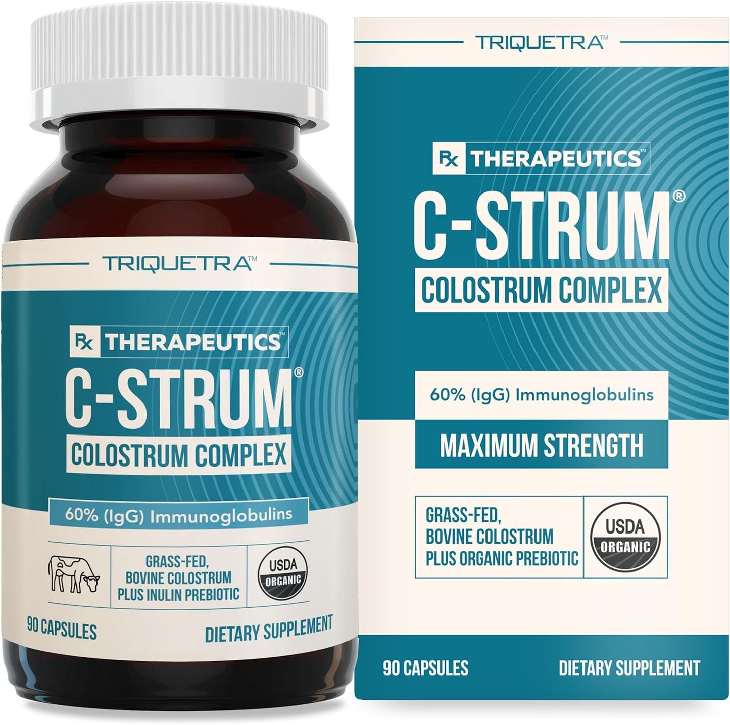 C-Strum® Organic Bovine Colostrum Supplement, 60% igG, First Milking, Grass Fed, Max Strength Colostrum Capsules from German Dairy Cows - Gut, Immunity, Skin & Hair Support (90 count)