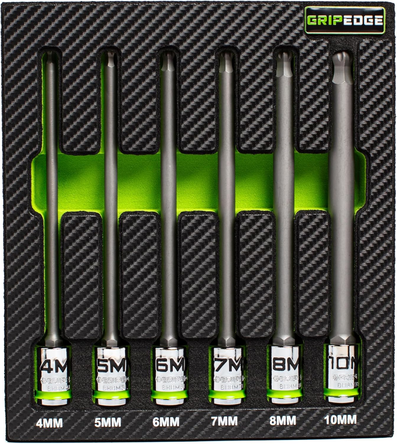 Grip Edge | 6-PC RPT 3/8'' Drive Long Metric Ball Hex Driver Set | Includes Sizes 4mm, 5mm, 6mm, 7mm, 8mm & 10mm| Includes Premium Foam Storage Tray |