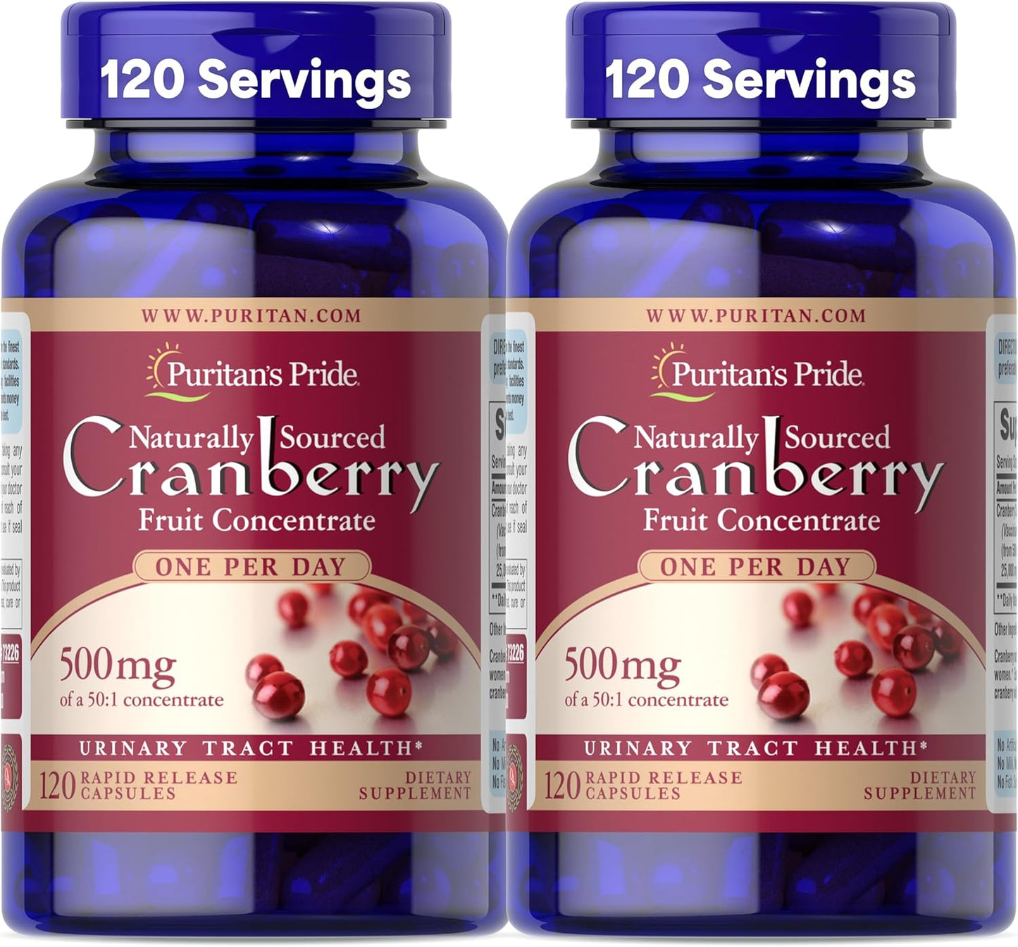 Puritan's Pride Naturally Sourced Cranberry One Per Day Fruit Concentrate 500mg, 50:1 Dietary Supplement for Urinary Tract Support, 4 Month Supply, 120 Rapid Release Capsules, 2 Pack