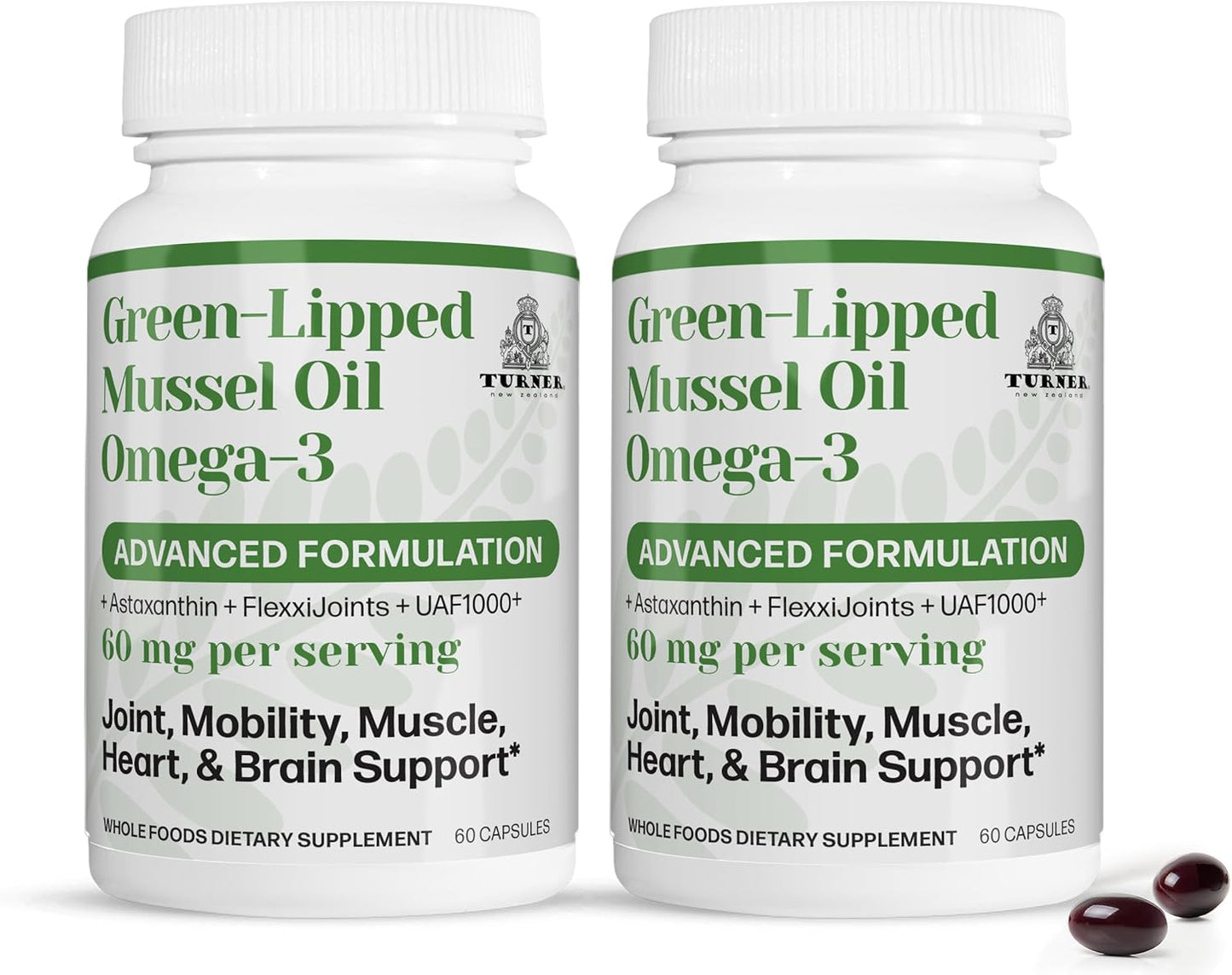 TURNER New Zealand Green Lipped Omega-3 Mussel Oil, 53x Higher Potency with UAF1000+ Super Antioxidant for Superior Joint Comfort & Mobility, No Fishy Aftertaste, 2 Bottles, 120 Softgels
