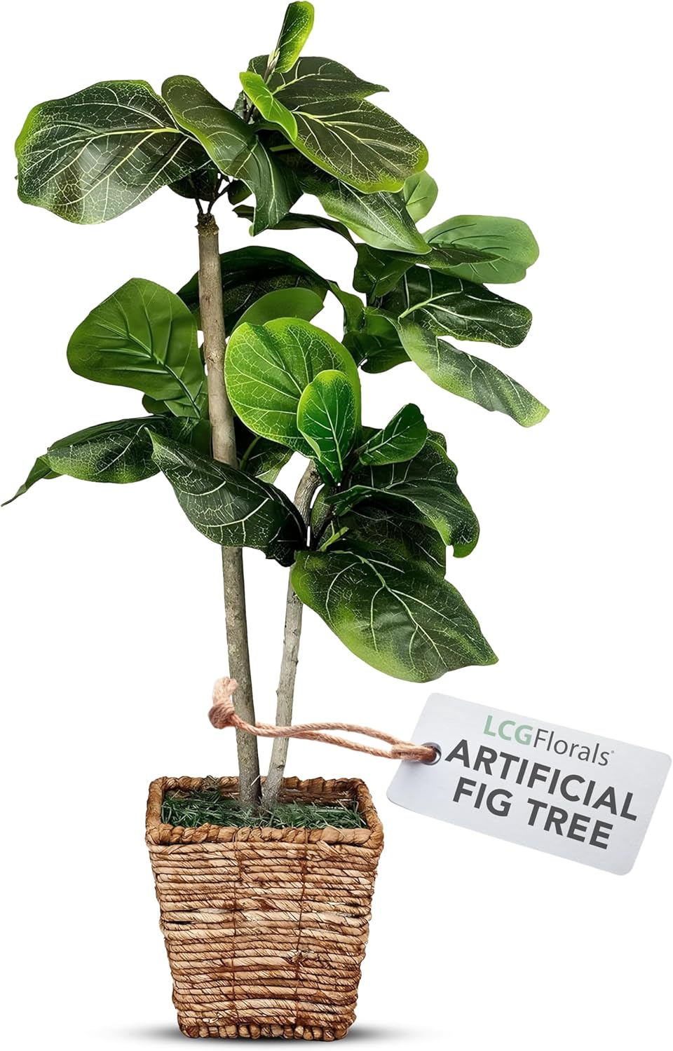 LCG Florals - 38 Inch Artificial Fig Tree in Woven Basket with Real-Wood Trunk - Low Maintenance Indoor and Outdoor Faux Plants for Living Rooms, Offices, Kitchens & Outdoor Spaces