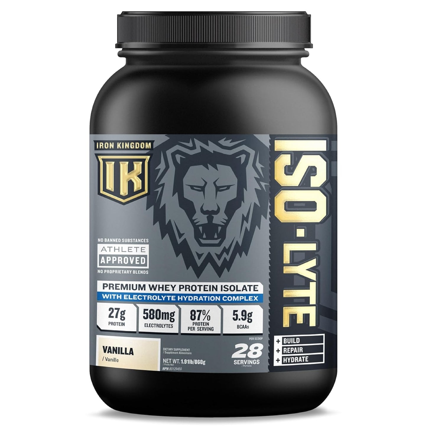 Iron Kingdom Iso-Lyte Whey Protein Powder for Women & Men - Hydration & Muscle Recovery Electrolyte & BCAA Powder - Post Workout Recovery 27g Protein Shake, Drink, Smoothie - Vanilla - 28 Servings