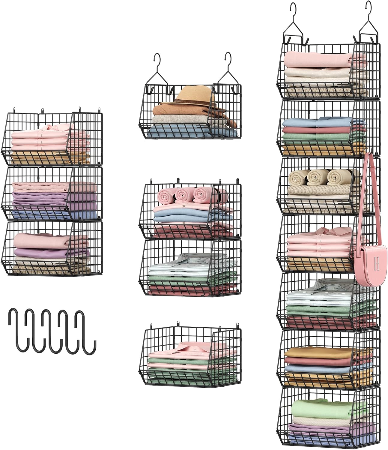 7 Tier Foldable Hanging Closet Organizer and Storage,Wire Closet Shelving with 5 S Hooks,Hanging Basket for Clothes Sweaters Shoes Handbags,Small Closet Organizers for Wardrobe Kitchen Laundry Room