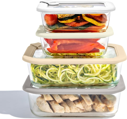 Bentgo Signature Leak-Proof Glass Food Storage - 8-Piece Set, 1-Compartment Plastic-Free Containers with Airtight Glass Lids, BPA-Free, Microwave, Freezer, Oven & Dishwasher Safe (White Stone)