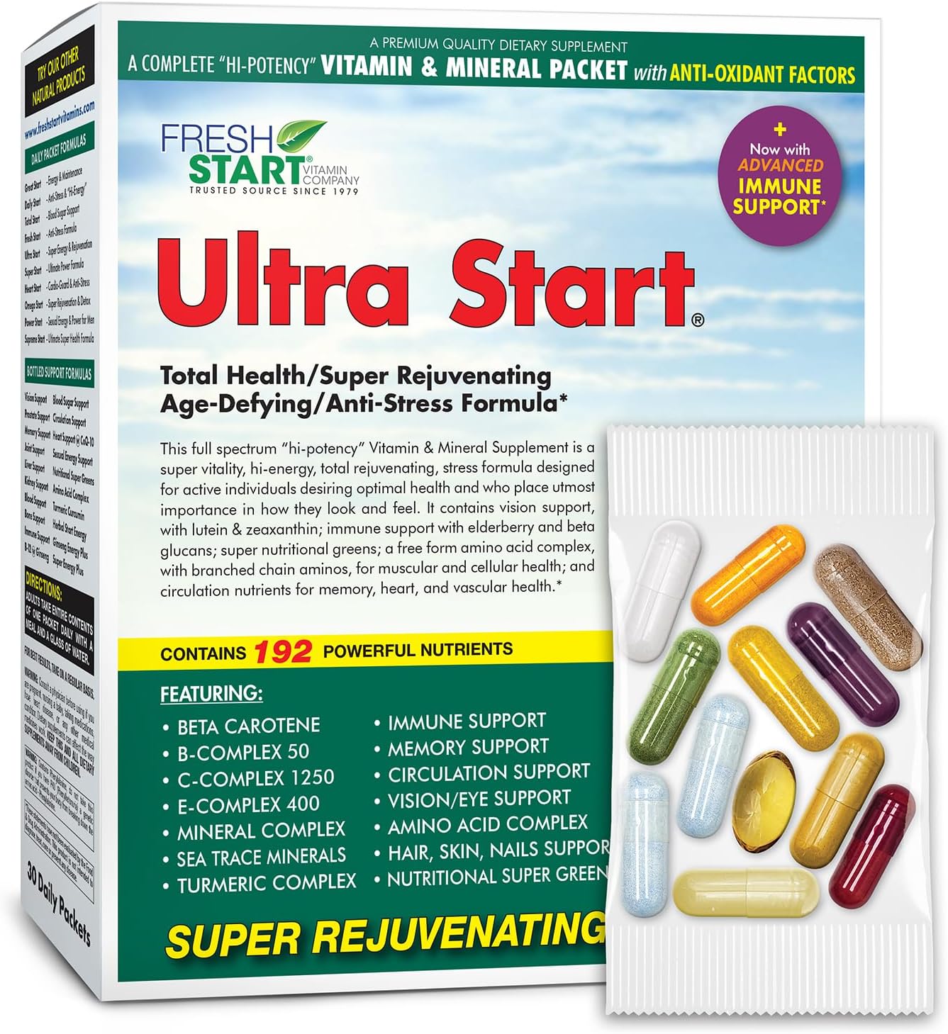 Ultra Start Complete Daily Vitamin Pack | Anti-Aging, Stress Support, Immune Booster | Vitamin A, B, C, D, E, Biotin, Minerals, Elderberry, Beta Glucans, Mushrooms, Amino Acids, Turmeric (30 Packets)