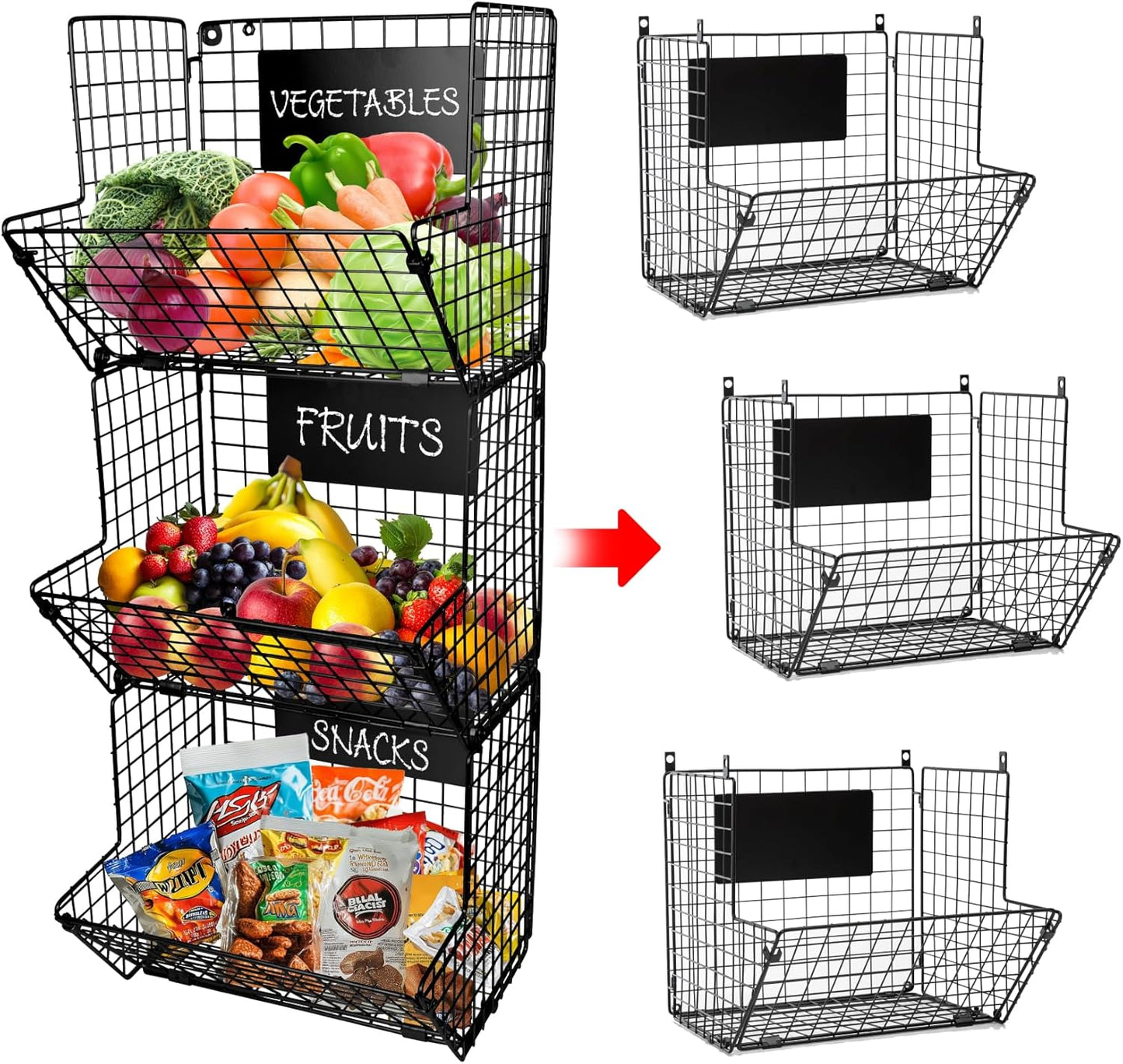 3-Tier XL Wall Hanging Fruit Baskets for Kitchen Organizing Fruits and Vegetables, Heavy-Duty Wall Basket for Storage with Chalkboards & S-Hooks, Wire Hanging Fruit Basket for Kitchen & Pantry