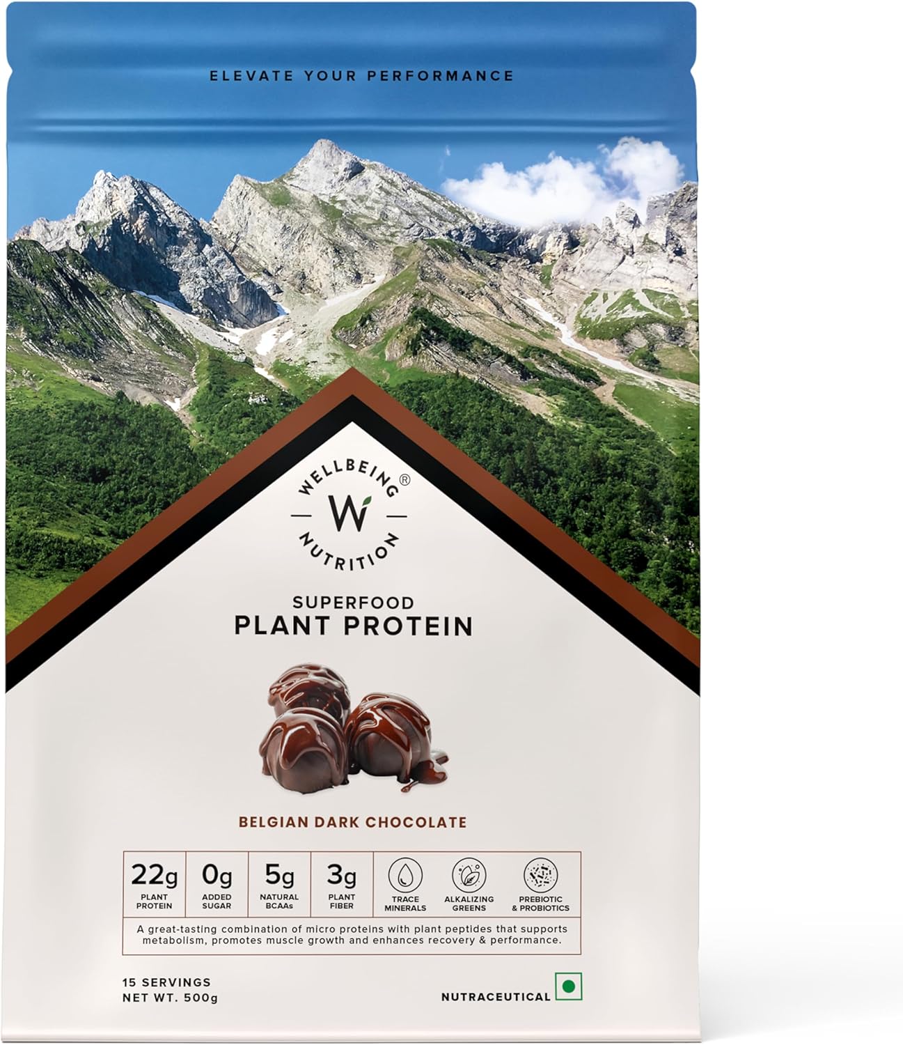 WELLBEING NUTRITION Organic Vegan Plant Protein Isolate Powder | 22g Protein, 5g BCAA | Prebiotics & 3B CFU Probiotics | No Bloating | Easy to Digest | Belgian Dark Chocolate - 500gm