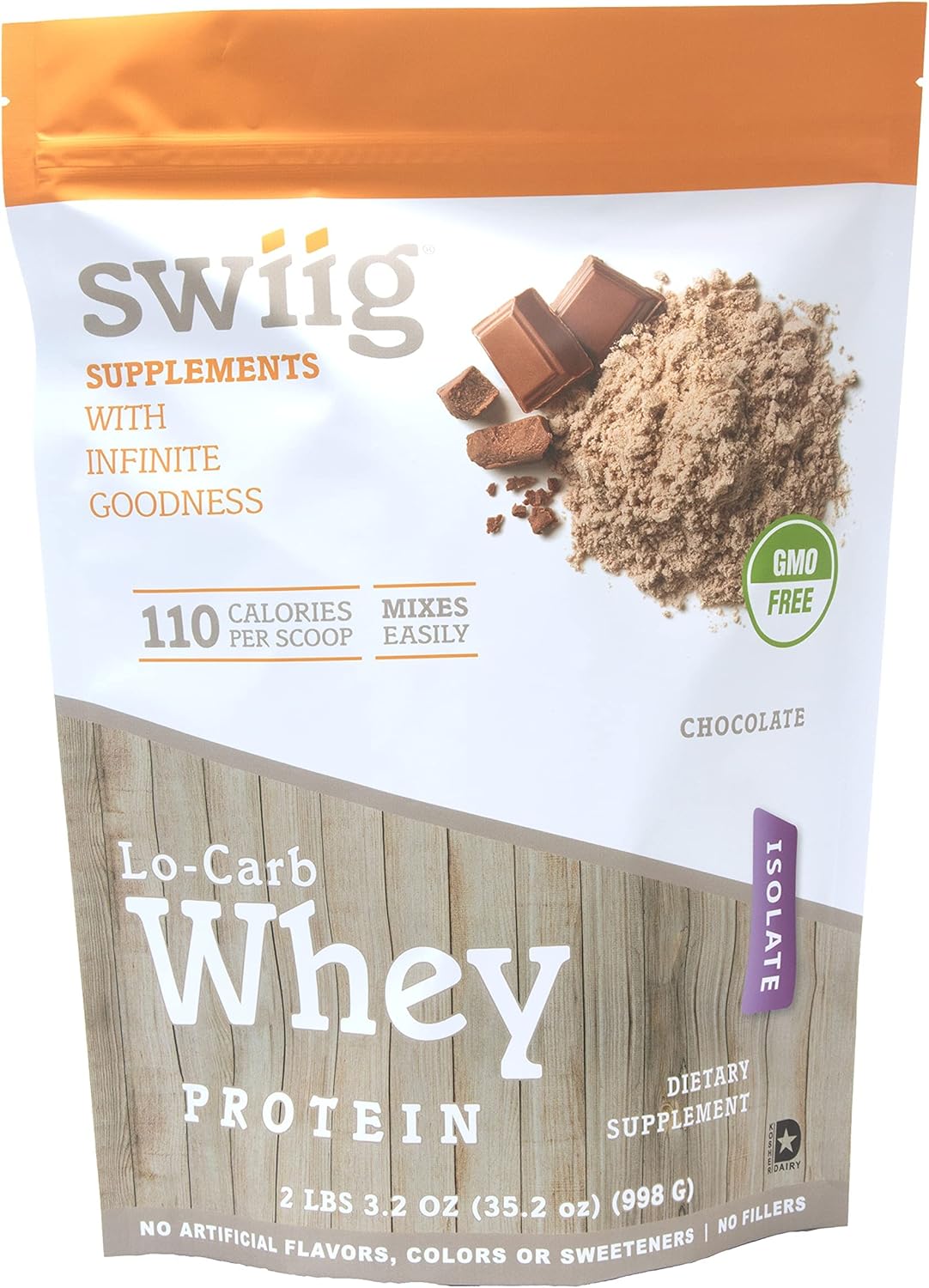 swiig Lo-Carb Whey Protein Powder, Chocolate, Isolate, No Artificial Flavors, Colors or Sweeteners, No Fillers, 2.2 Pound Bag