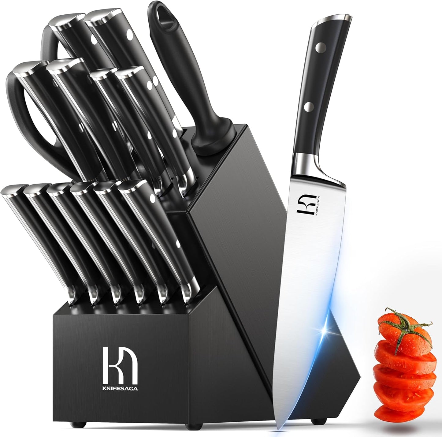 2025 Knife Set 15 Pcs Japanese High Carbon Stainless Steel Kitchen Knife Sets with Block & Sharpener, Premium Razor-Sharp Black Knives Block Set for Kitchen, Ergonomic Full-Tang Handle