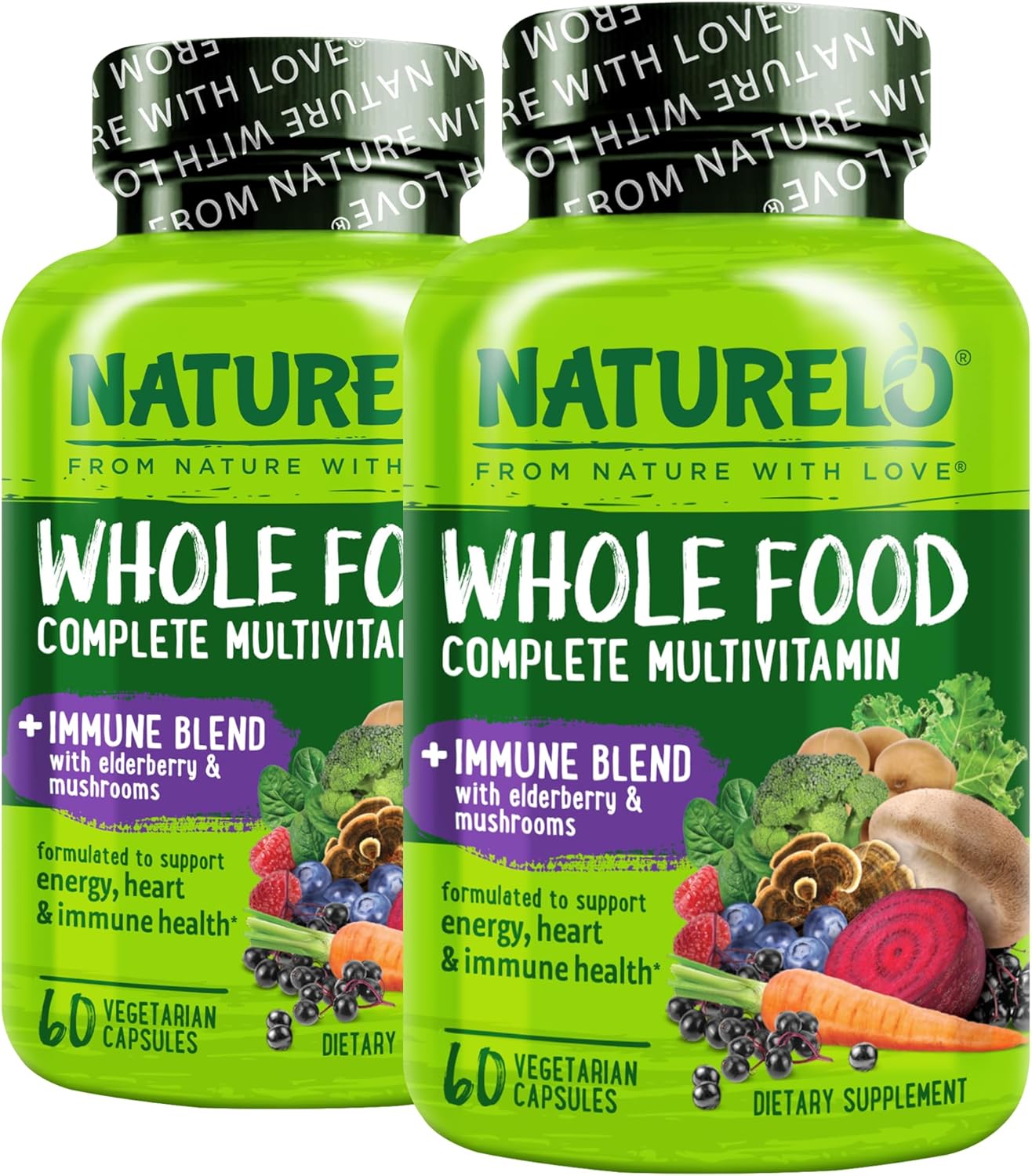 NATURELO Whole Food Multivitamin + Immune Blend with Elderberry & Mushrooms - Complete Multivitamin with Extra Immune Support - C, D3, Zinc, Elderberry, Reishi, Shitake, 60 Vegan Capsules (Pack of 2)
