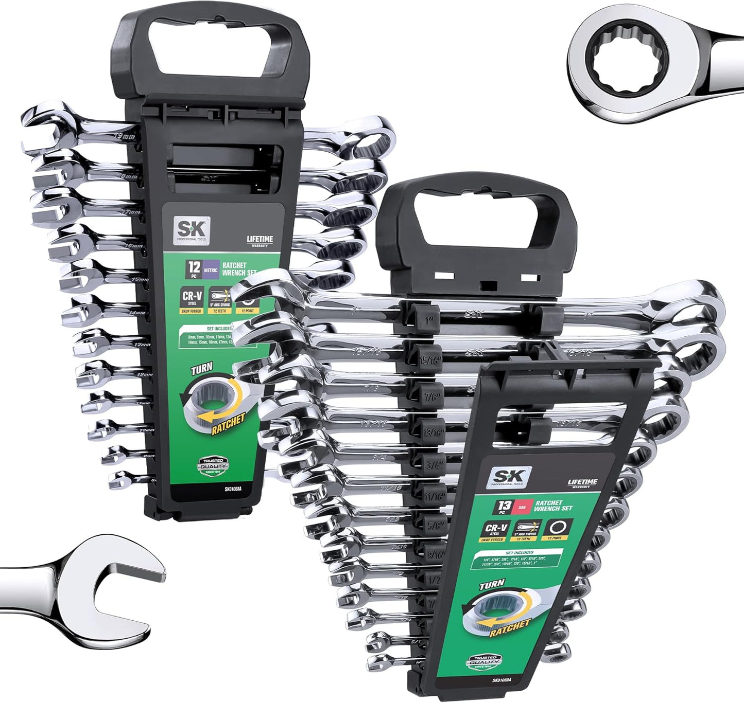 SK Ratcheting Wrench Set, Combination Wrench Set, 25-Piece, SAE 1\/4" to 1", Metric 8 to 19mm, 72-Tooth, Premium CR-V Construction, with Rack Organizer