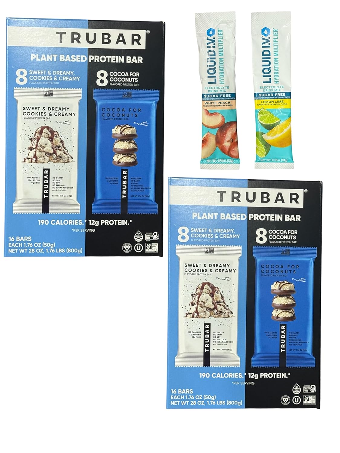 Trubar Plant Based Protein Bar, Sweet & Dreamy Cookies & Creamy and Cocoa for Coconuts, 32 Bars; 2-packs, 1.76 oz Each, 12g Protein comes with 2 Sugar free Hydration Multiplier