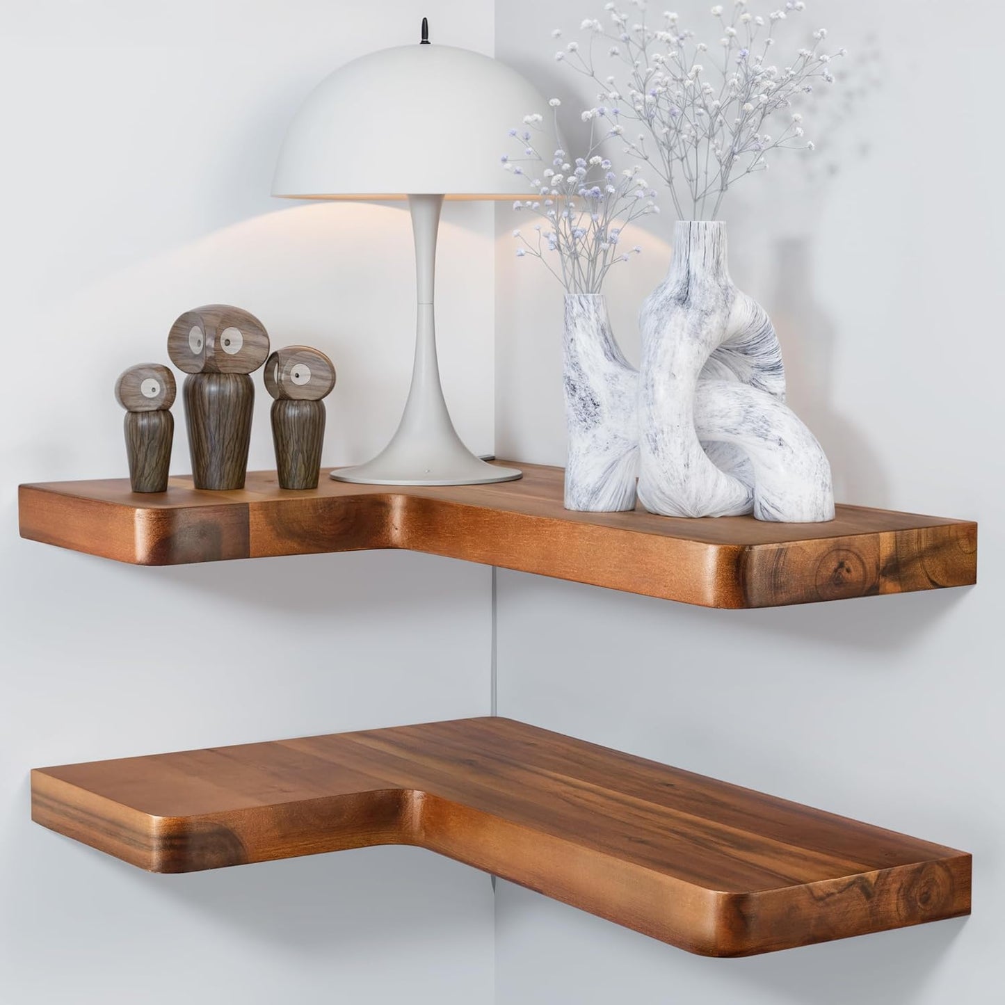 BATODA Acacia Wood Corner Floating Shelves 17" x 12"\u2013 Corner Shelf Wall Mounted - Floating Book Shelves for Wall - Brackets and Shelving Hardware Included for Kitchen, Living Room, Bathroom (Set 2)