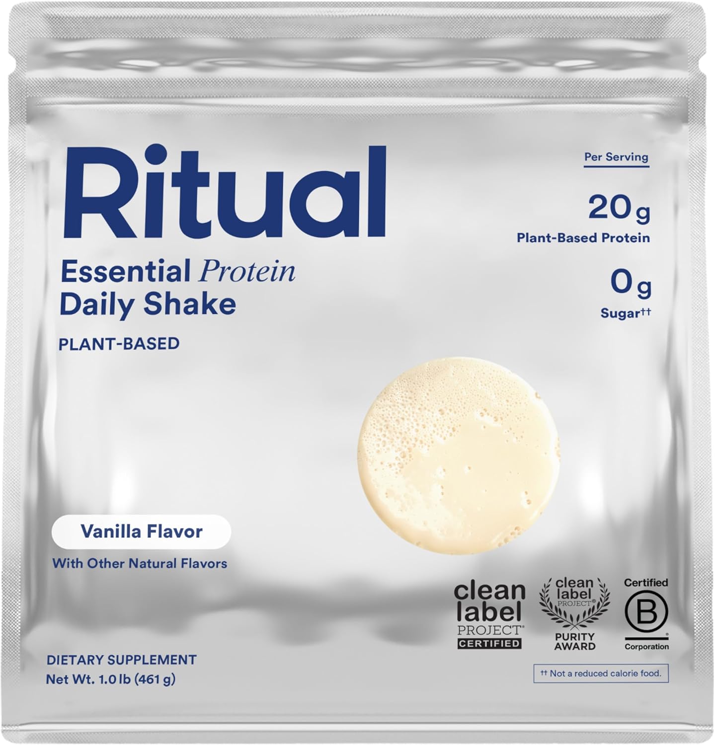 Ritual Vegan Protein Powder with BCAA: 20g Organic Pea Planted-Based Protein from Regenerative Farms in USA, Complete Amino Acid Profile, Gluten Free, Sugar Free, Dairy Free, Vanilla, 1 Lbs