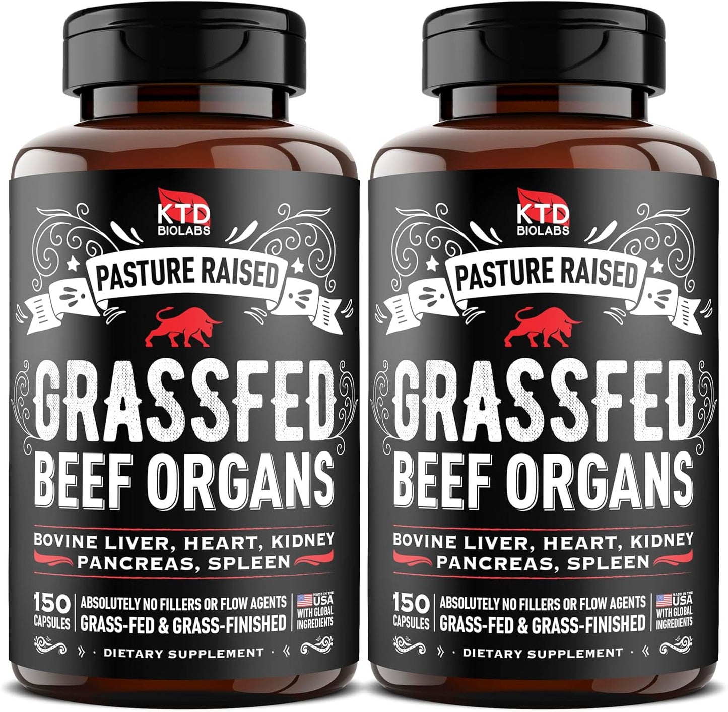 (Pack of 2) Grass Fed Beef Organ Supplement - Supports Whole Body Wellness 3000mg - with Desiccated Beef Liver, Heart, Kidney, Pancreas, Spleen - Organ Complex for Immune, Digestive Health (150 Caps)