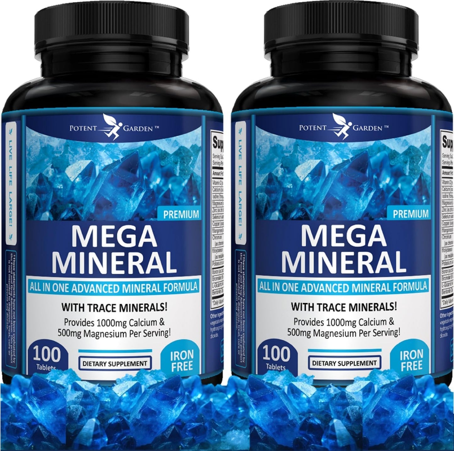 Potent Garden 2-Pack Mega Mineral Supplement Complete Mineral Complex with Calcium Magnesium Zinc Potassium Boron Selenium Chromium & 72 Trace Minerals Iron Free Calcium Supplement -200 Pills