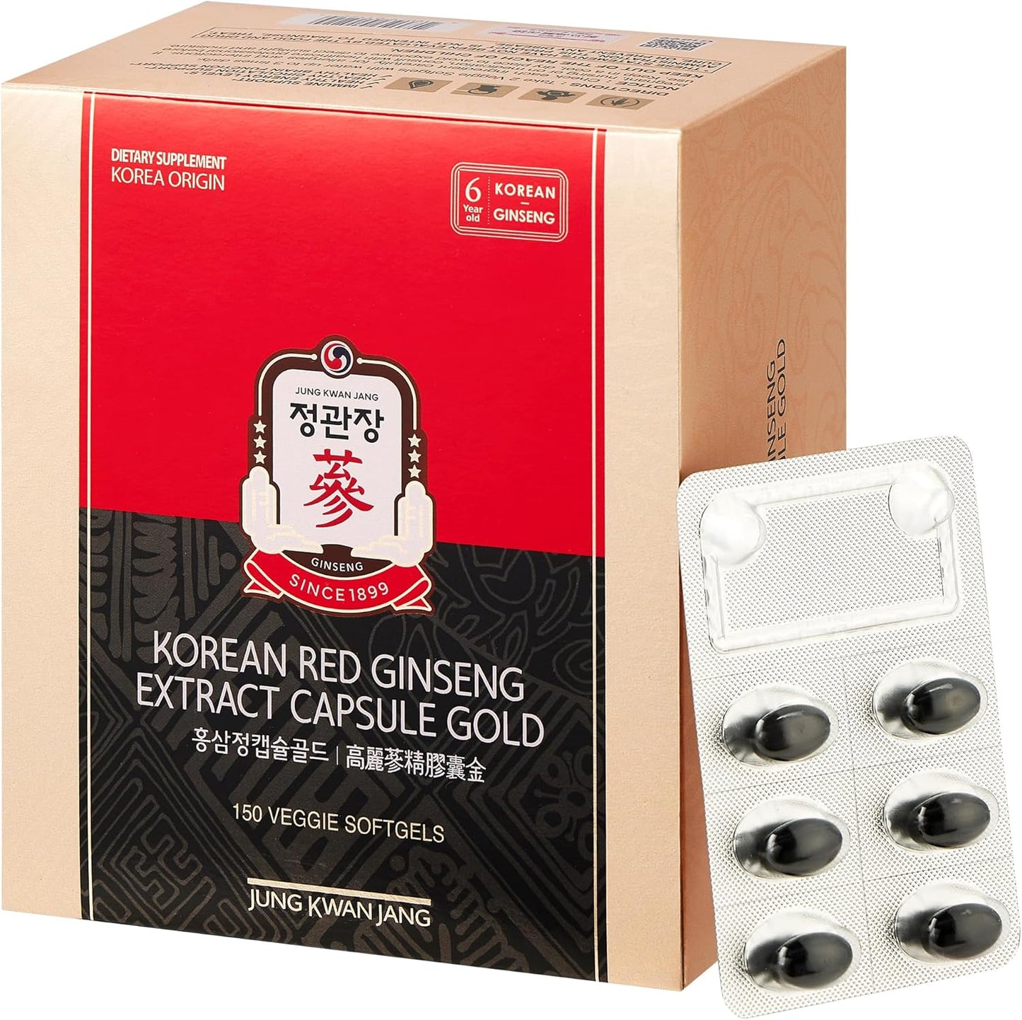 Korean Red Ginseng Extract Capsule Gold - Vegan Energy Supplements - Energy Boost & Immune Support, Caffeine Free & Non-GMO (600mg, 150 Capsules)
