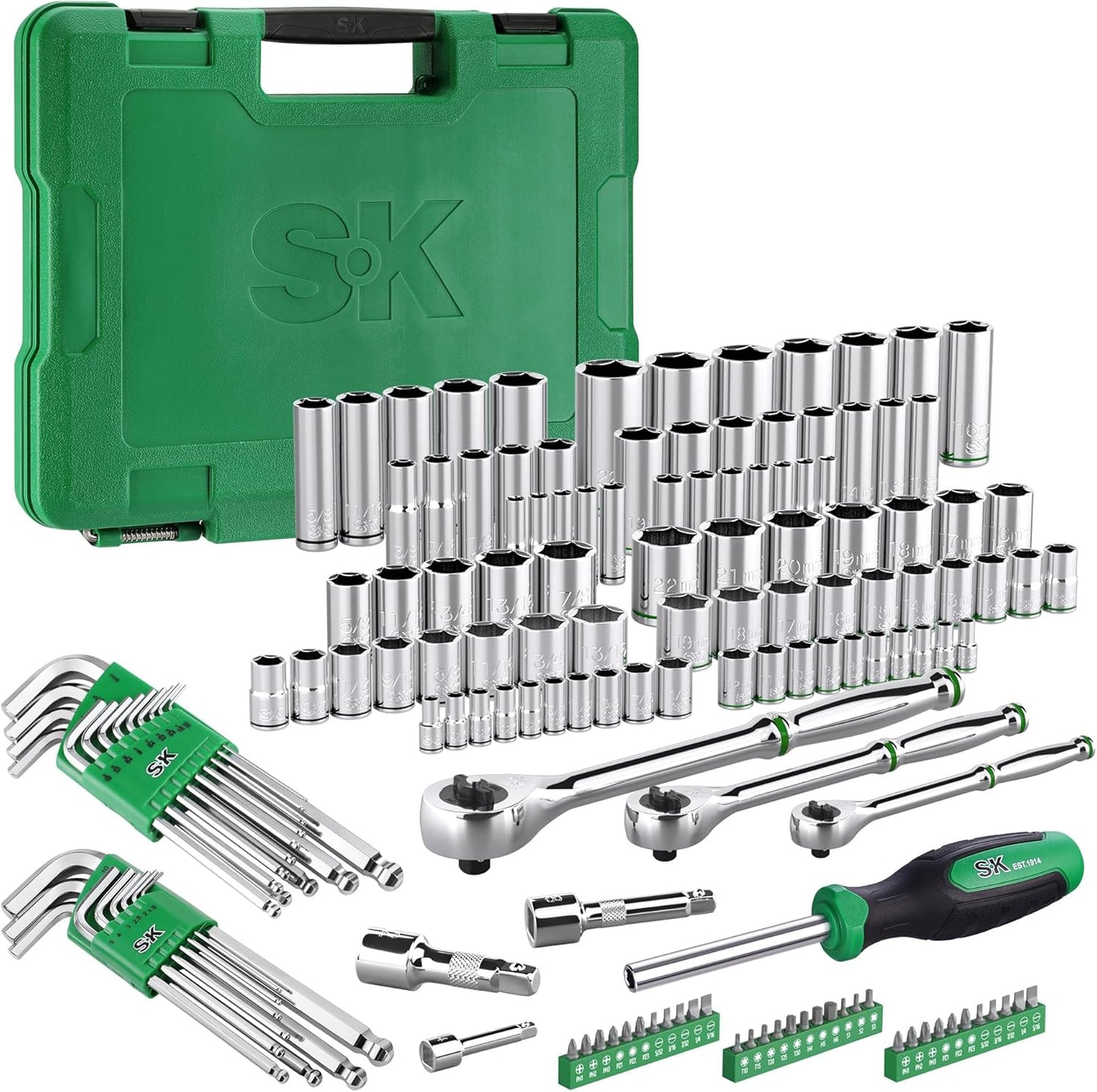 SK Mechanics Tool Set, 1/4" & 3/8" & 1/2" Drive Socket with 216-P Ratchet, 149-Piece, SAE & Metric, SuperKrome Finish, with Storage Suitcase