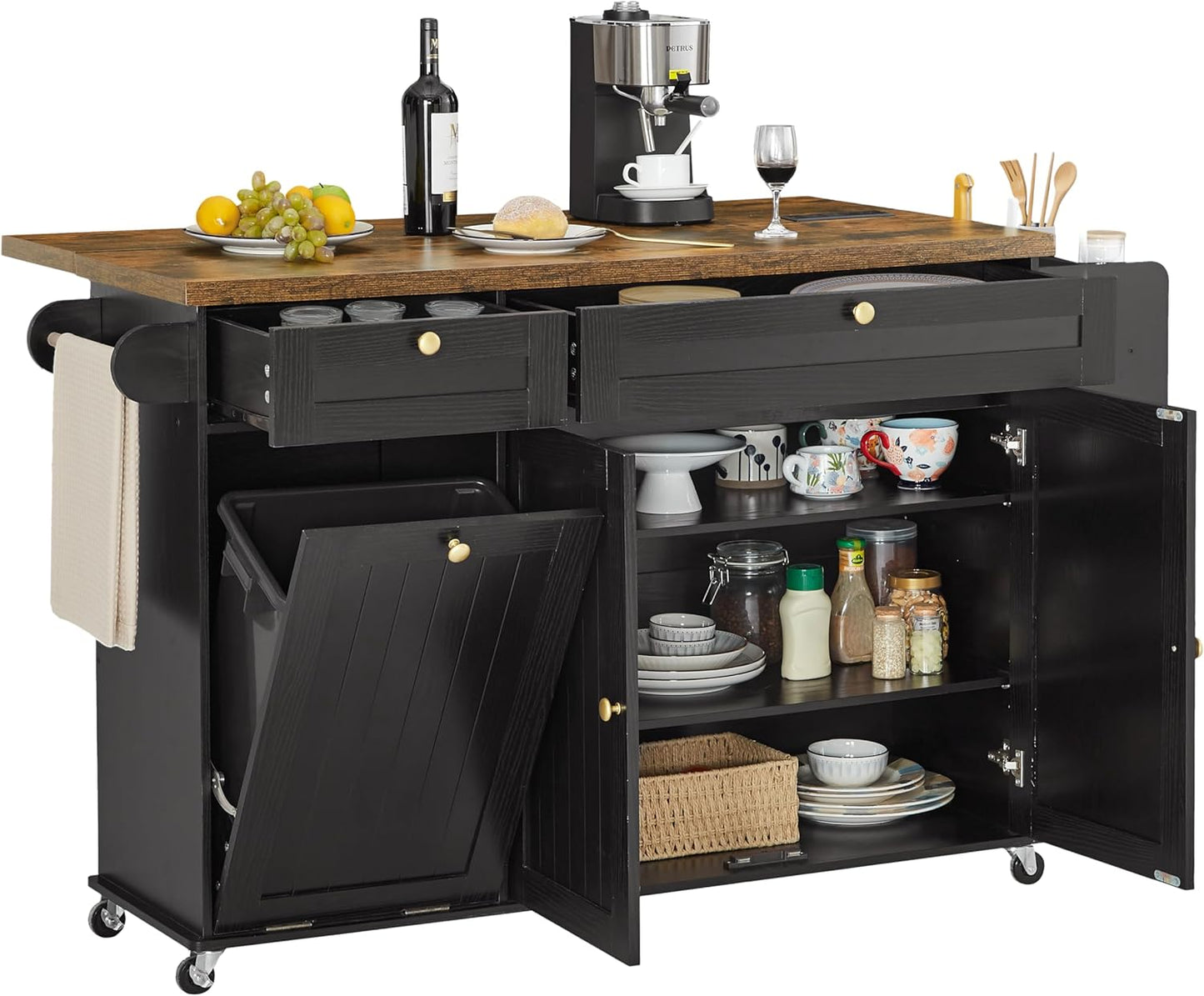 60" Kitchen Island with Power Outlet & Drop Leaf, Kitchen Rolling Island with Spice Rack & Towel Rack, Knife Holder, Kitchen Island Cart with Trash Storage Cabinet, Mobile Island Table for Kitchen