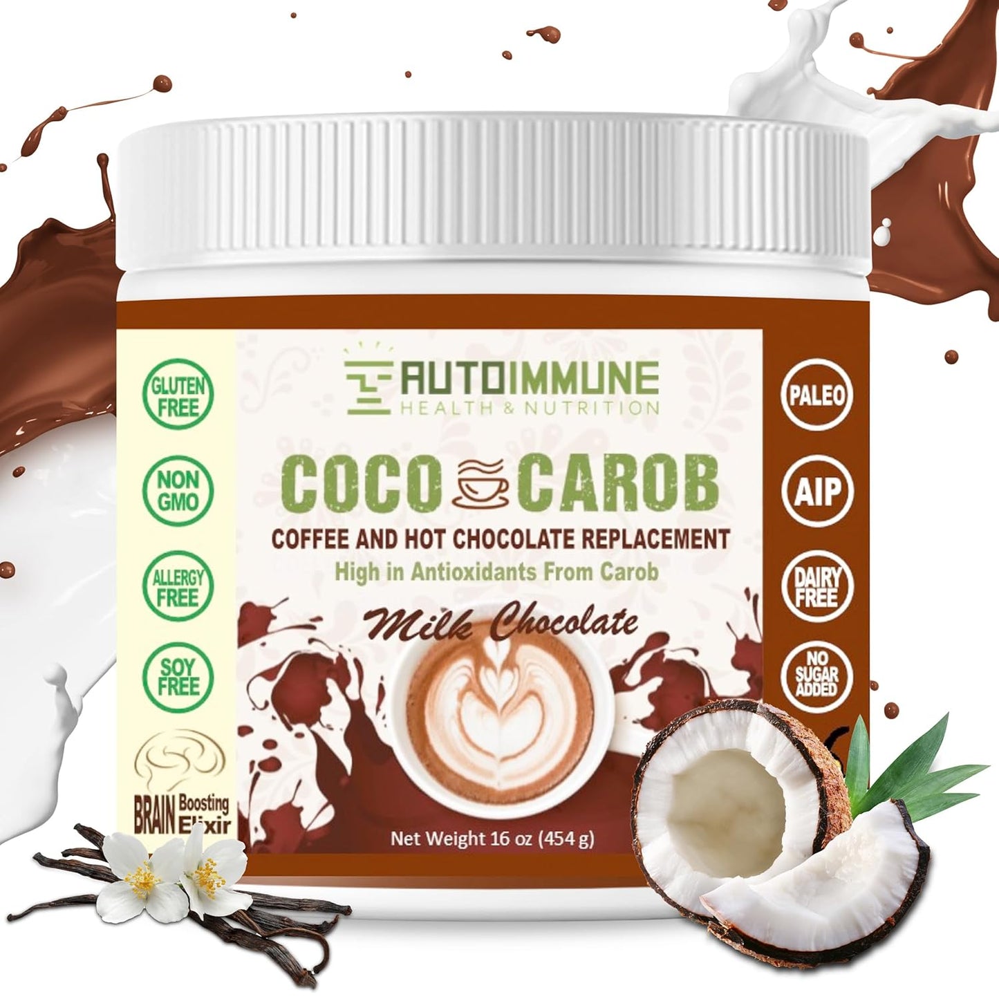 Milk Chocolate Coco Carob Powder - Caffeine Free Cocoa Powder & Coffee Alternative with Coconut Milk & Creamer for Cognitive & Energy Support - Soy, Gluten, Dairy, & Sugar Free Carob Chocolate