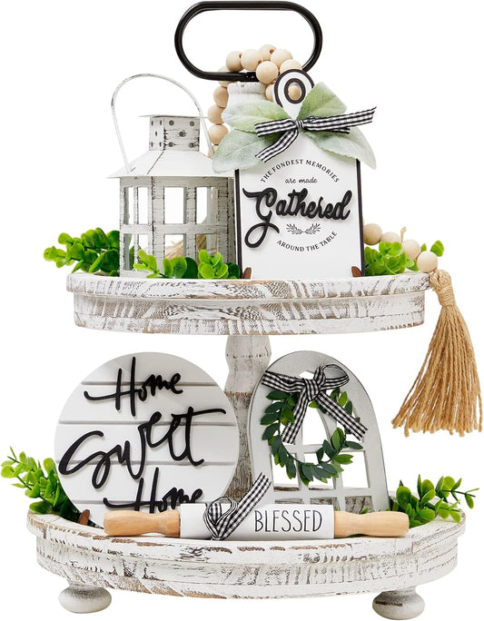 Houmury Set of 17 Farmhouse Tiered Tray with 1 Lantern Artificial Plant& Cutting Board Sign for Rustic Home Sweet Home Kitchen Decor Tier Tray Decor Set