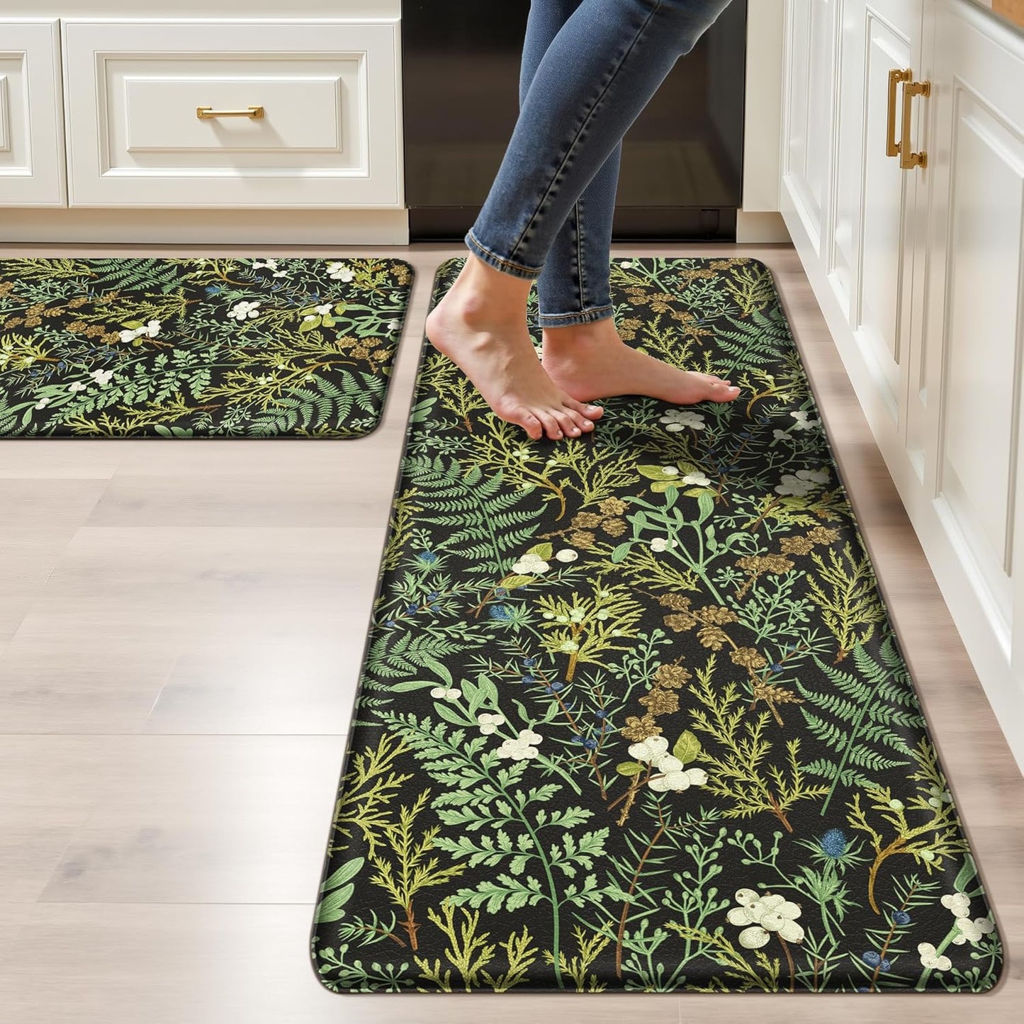 Black Green Botanical Kitchen Rugs Set of 2 Plant Leaf Anti-Fatigue Kitchen Mat Natural Comfort Standing Waterproof PVC Mats 2\/5" Thick Leather Carpet for Laundry Office Sink(17.3" x28" + 17.3" x 47")