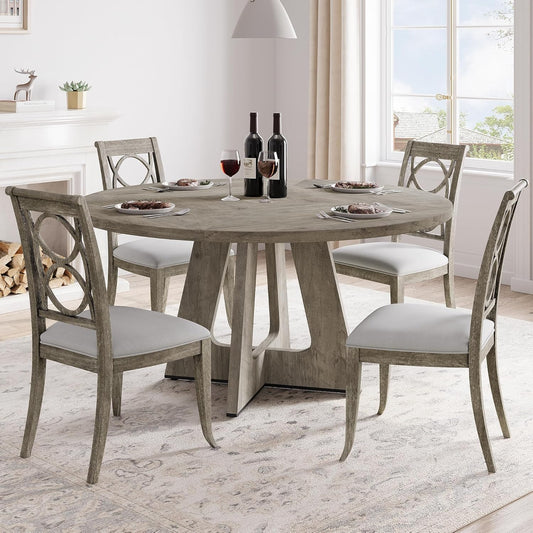 Round Dining Table, 47 Inch Round Dinner Table for 4, Farmhouse Kitchen Table with Wooden Pedestal Base for Home Dining Room or Living Room (No Chairs)- Grey