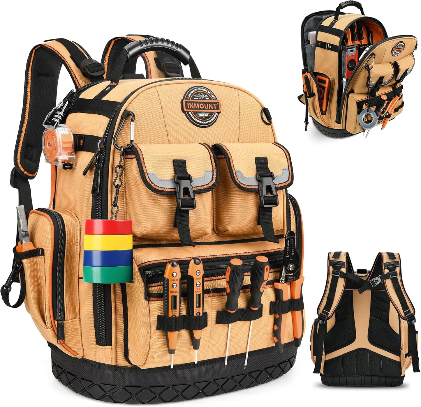 Tool Bag Backpack, Tool Backpack Heavy Duty Organizer\/HVAC Tool Bag for Electrician\/Construction Work with Molded Base and Combination Lock, Large, Brown