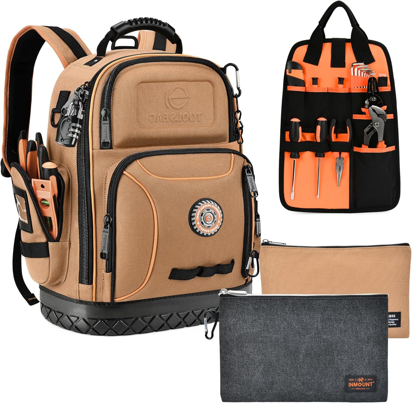 Tool Bag Backpack with 2 Canvas Tool Pouch Tool Kit, 75 Pockets & Loops Heavy Duty Tools Organizer\/HVAC Tool Carrier for Eelectrician\/Construction Work with Molded Base and Combination Lock, Brown