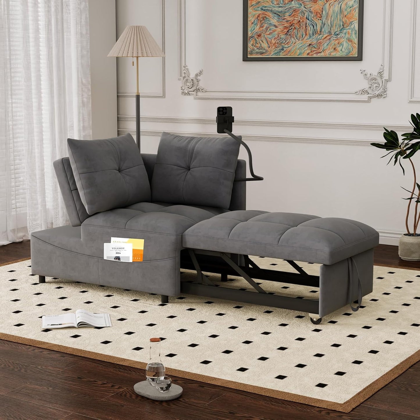 AENKYO 4-in-1 Convertible Sleeper Sofa Chair Bed w/USB/Phone Hub & Adjustable Backrest - Foldable Ottoman, Storage Pocket for Small Spaces - Includes 2 Pillows - Gray