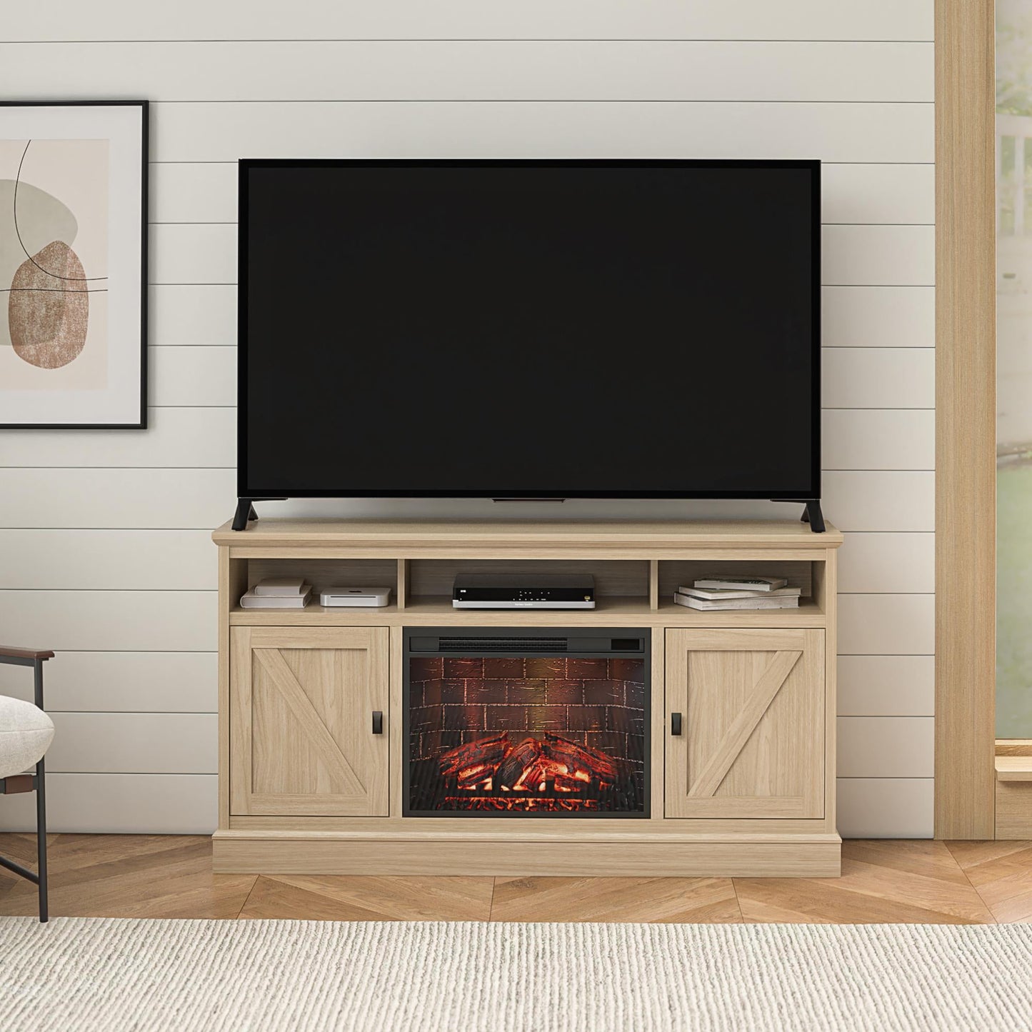 Ameriwood Home Ashton Lane Fireplace TV Stand, Spring Pine
