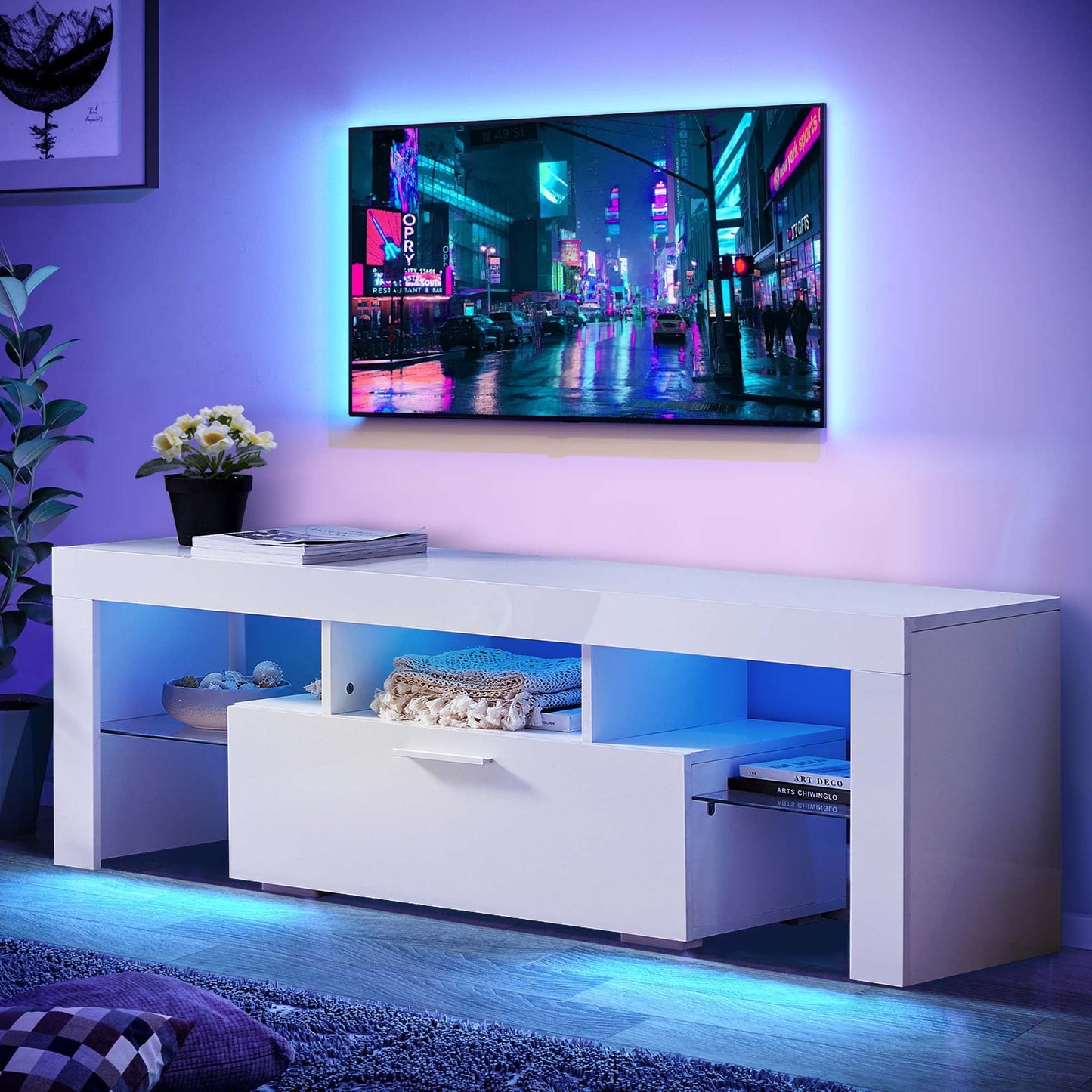 Aukfa LED  TV Stand for TVs up to 60", Storage TV Cabinet for Living Room - White