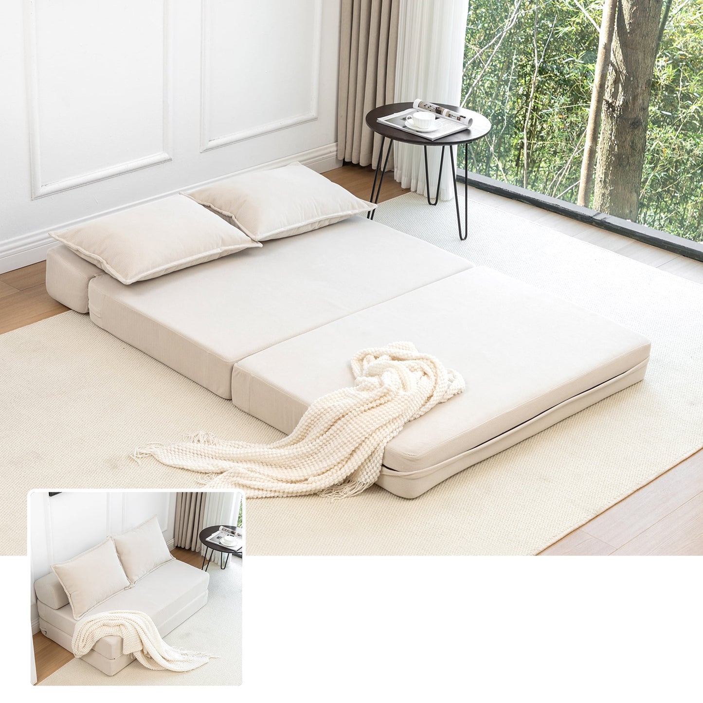 Aukfa Full Size Folding Sofa Bed, Loveseat Sleeper, Corduroy Convertible Floor Couch Mattress for Living Room, Dorm, Guest Room, Black