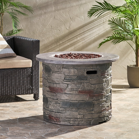 Awalua 32" Circular MGO Fire Pit With Grey Top - 40,000 BTU, Natural Stone
