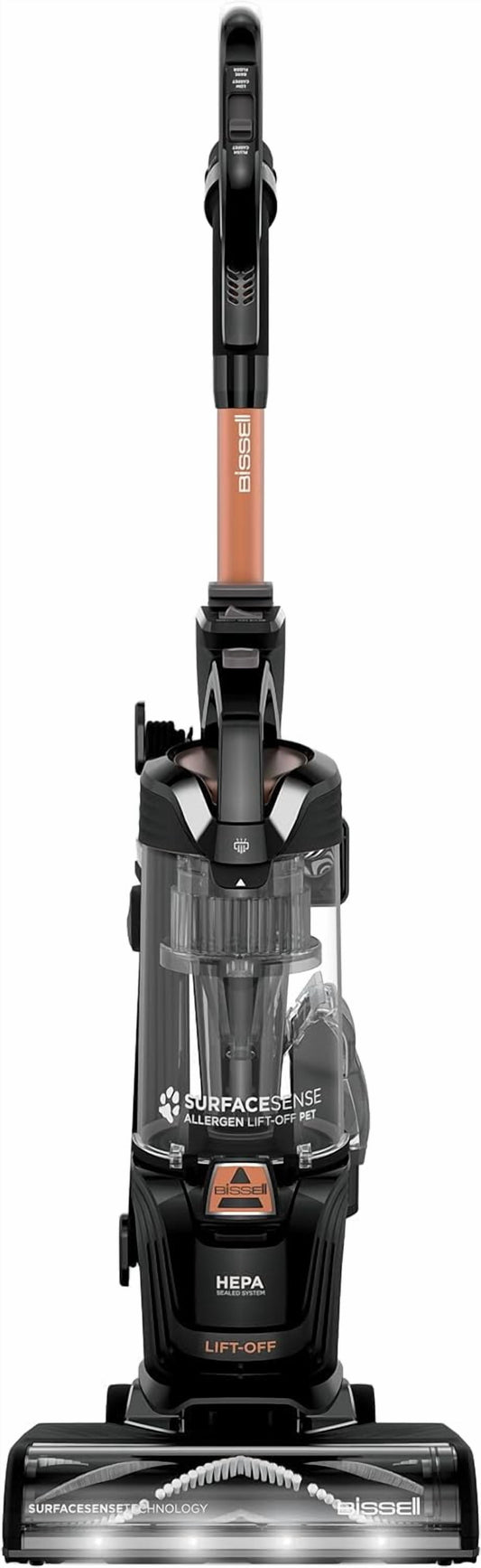 Bissell SurfaceSense Allergen Lift-Off Pet Upright Vacuum, with Tangle-Free Multi-Surface Brush Roll, LED Headlights, & Lift-Off Technology, Black & Copper, 3415