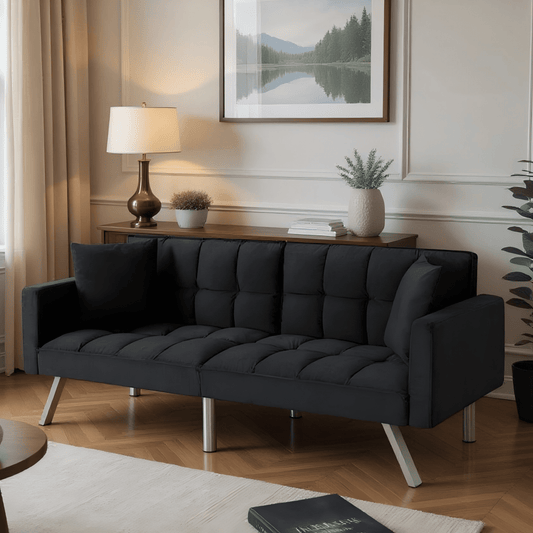 BSHTI 74”Tufted Futon Sofa Bed,Twin Size Black Velvet Fabric Sleeper Sofa,3 Angles for Adjusting Sofa,for your Home,Office,and Guest Room