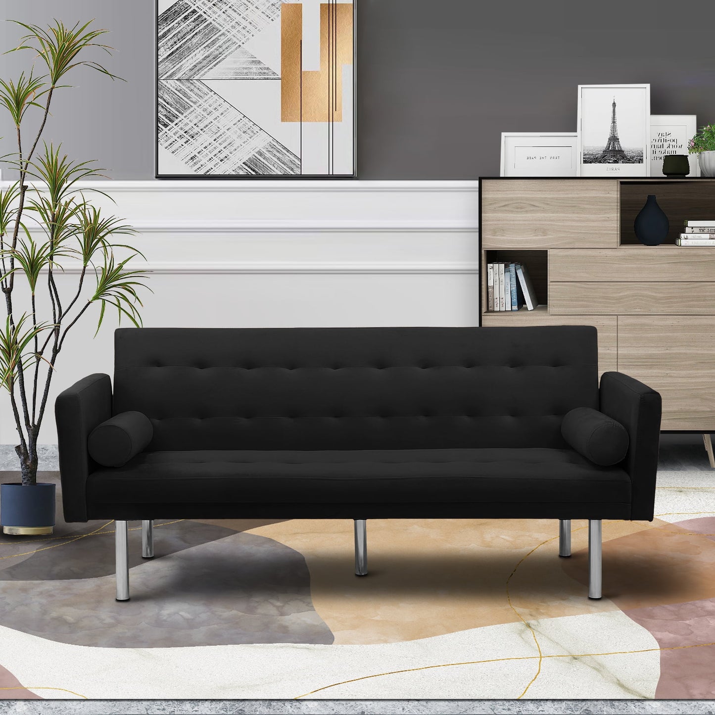 DEALTOPS Velvet Futon Sofa Bed Upholstered Convertible Sofa Couch, Recliner Modern Tufted Back Couch Lounge for Living Room - Gray