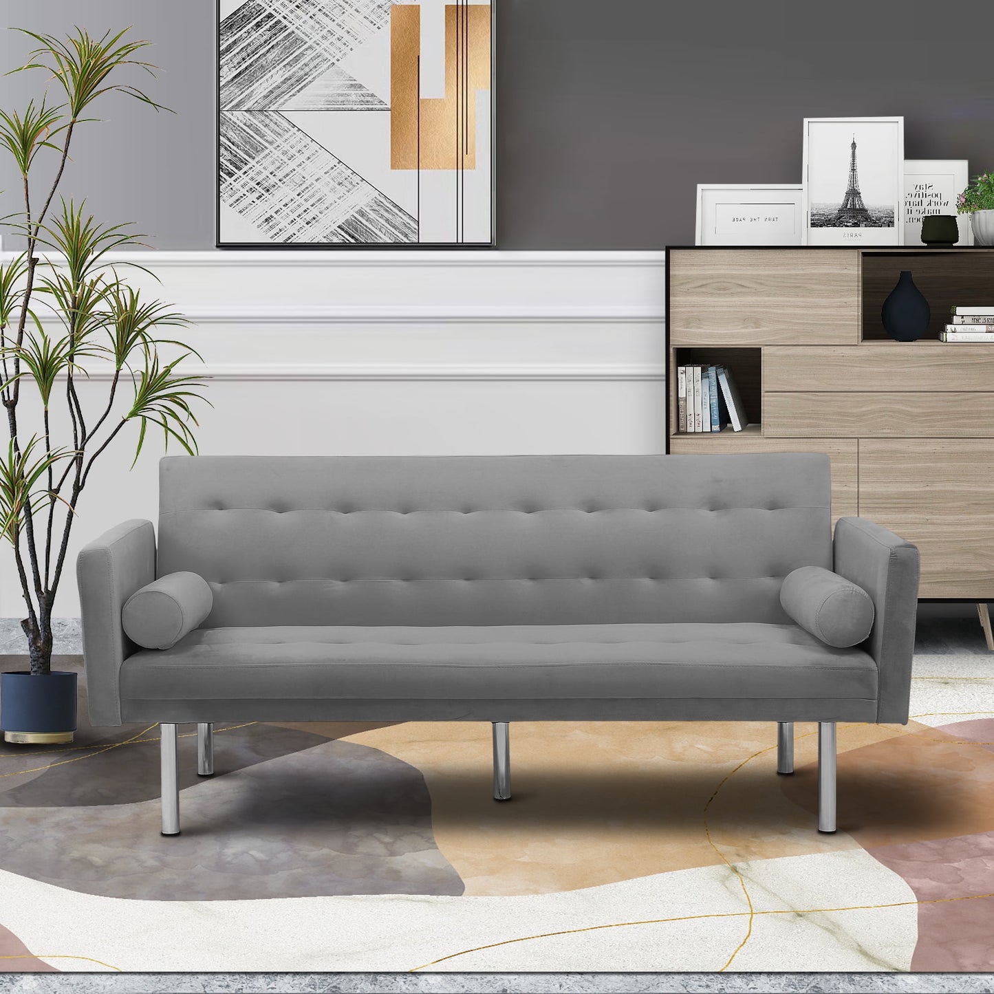 DEALTOPS Velvet Futon Sofa Bed Upholstered Convertible Sofa Couch, Recliner Modern Tufted Back Couch Lounge for Living Room - Gray