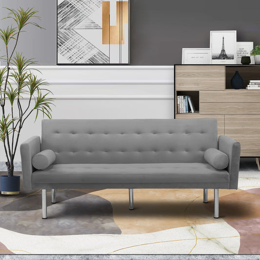 DEALTOPS Velvet Futon Sofa Bed Upholstered Convertible Sofa Couch, Recliner Modern Tufted Back Couch Lounge for Living Room - Gray