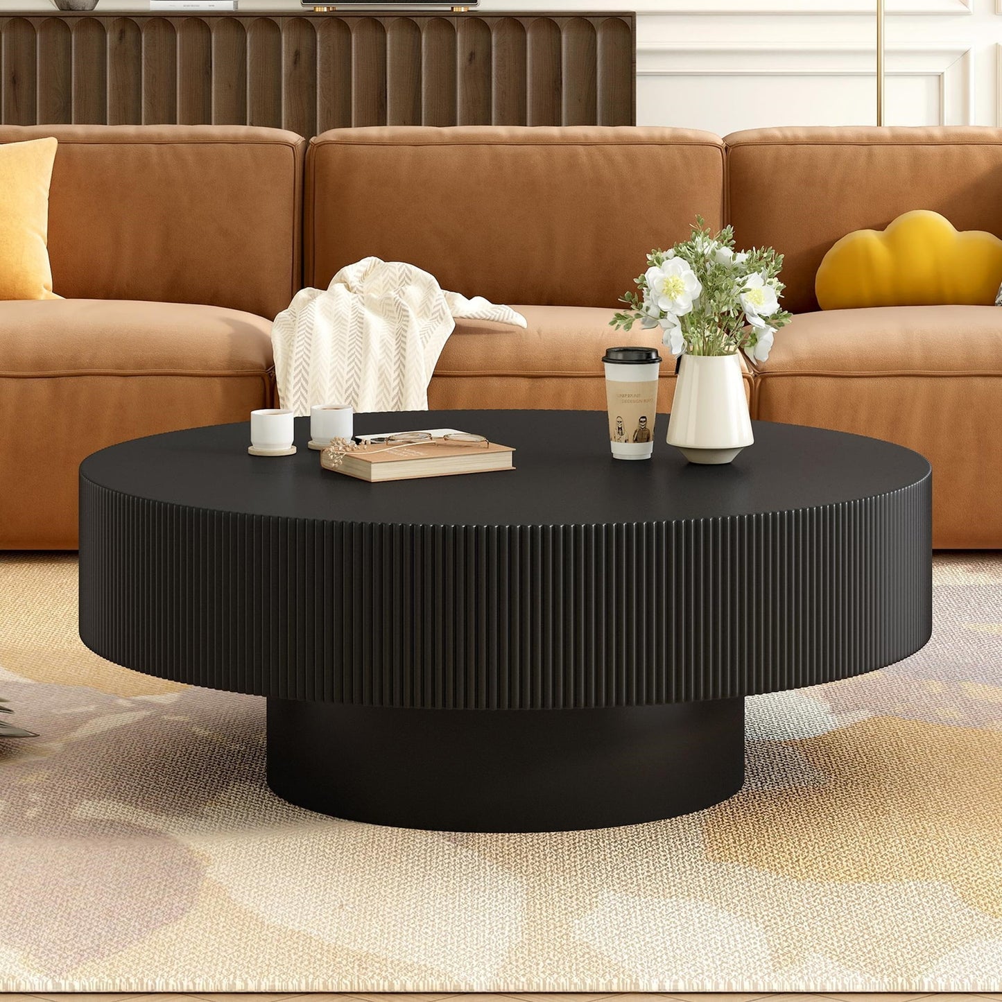 Euroco Coffee Table with 6.8" Thick Tabletop, Modern Drum End Table, Minimalist Fluted Center Table with Sturdy Base for Living Room,31.5"*31.5"*13.7"