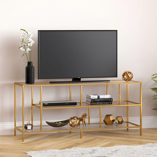 Evelyn&Zoe Winthrop Rectangular TV Stand with Glass Shelves for TV's up to 60", Brass