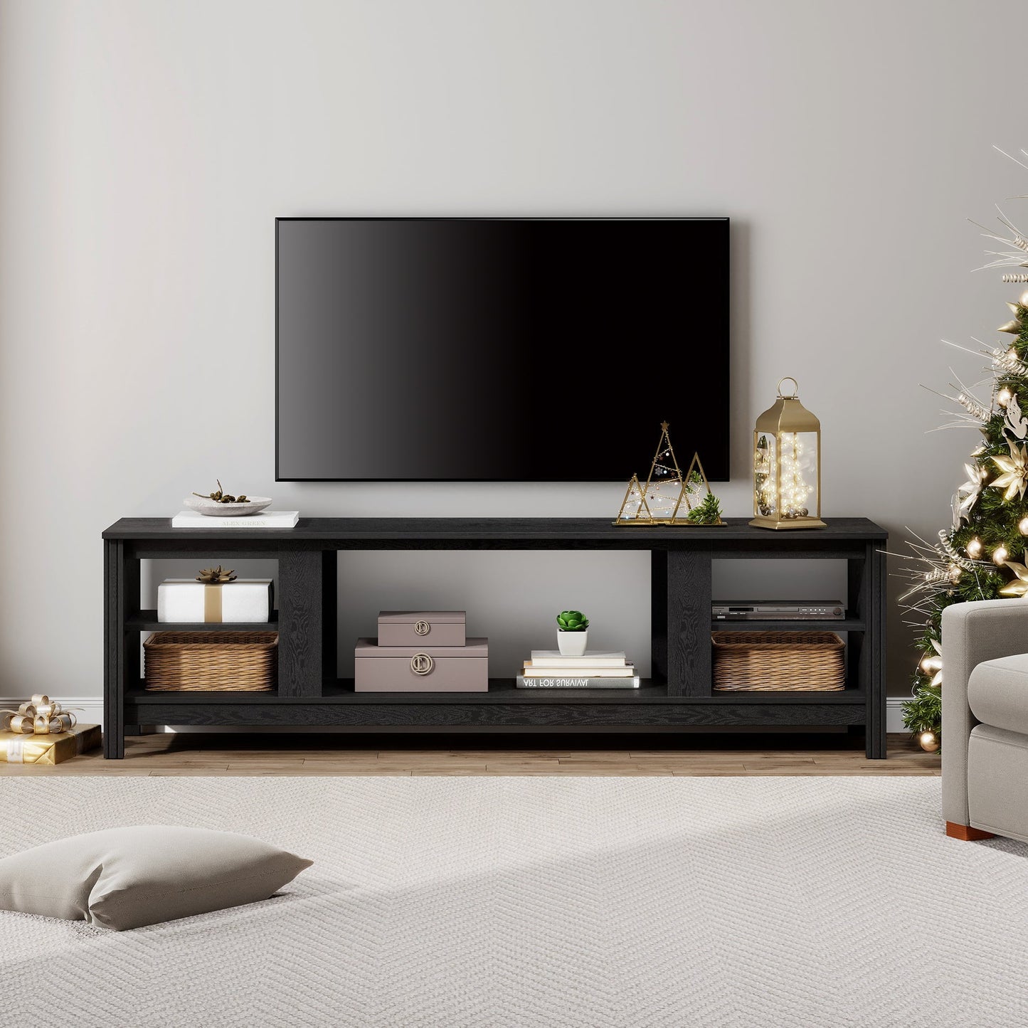 FITUEYES 70" Farmhouse TV Stand for 65 70 75 Inch TV, Wood Entertainment Center with 5 Open Compartments for Living Room Bedroom, Black