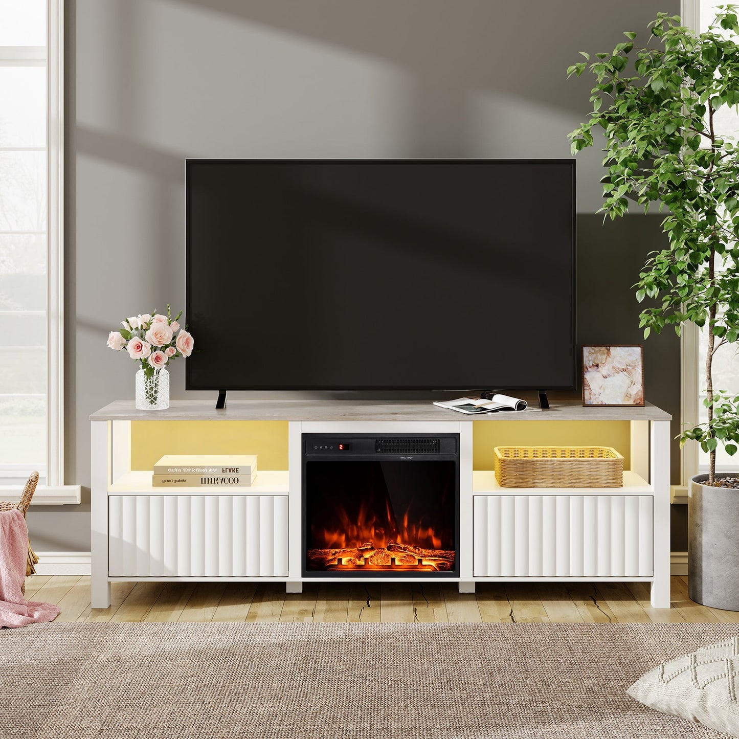 Fireplace TV Stand for TVs up to 75 Inch,White Entertainment Center for 80 inch TV with Electric Fireplace for Living Room Bedroom, 70 inch