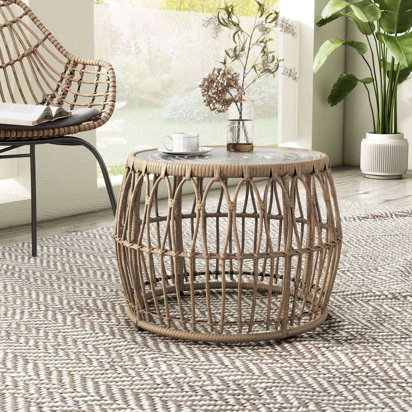 Furniture of America Roja Round Glass Top and Rattan Natural Coffee Table