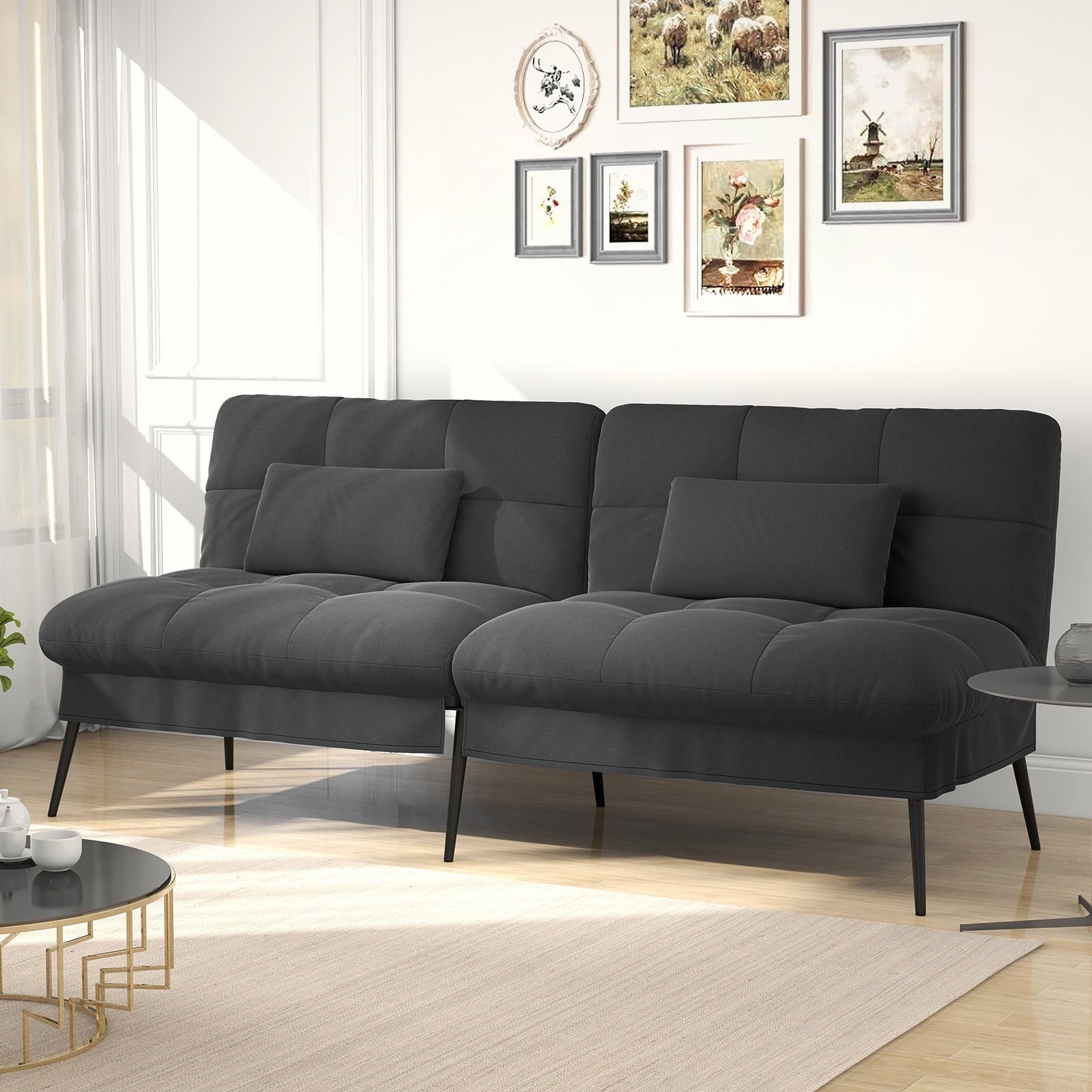 COMHOMA Futon Sofa Bed Modern Fabric Folding Futon Set Adjustable Recliner Sleeper Sofa Bed,Black