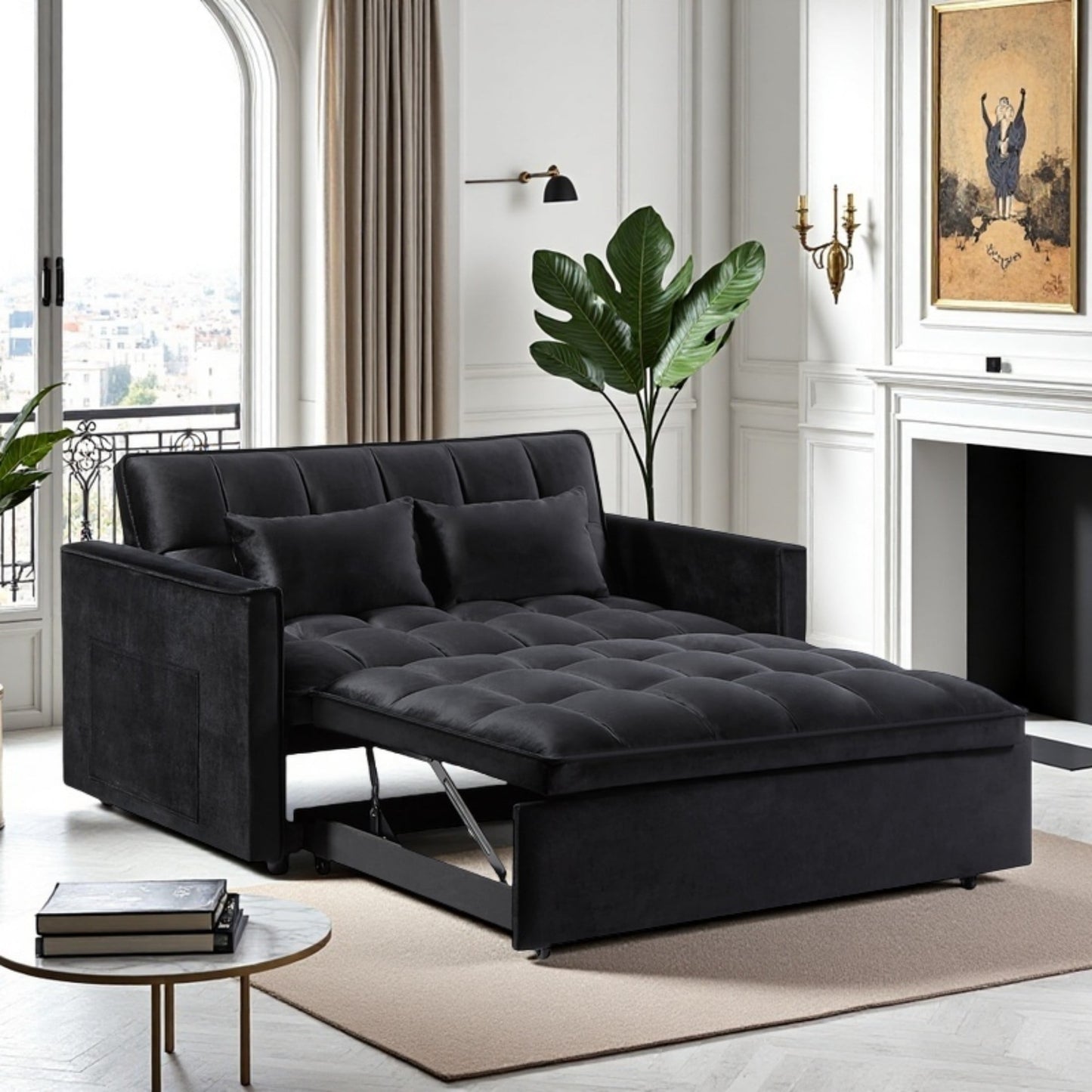 Gewnee 3-in-1 Convertible Sleeper Futon Sofa Bed – 55" Velvet Loveseat with Reclining Backrest, Side Pockets & 2 Toss Pillows – Pull-Out Couch for Living Room, Apartment, Dorm (Blue)