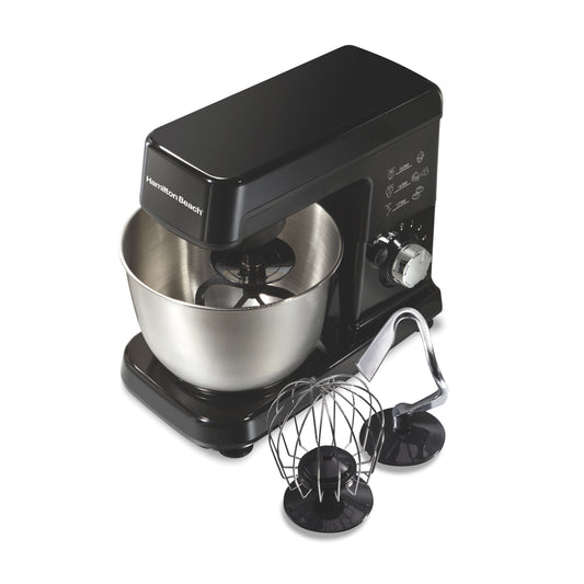 Hamilton Beach 3.5 Quart Stand Mixer for Kitchen, 6 Speeds, Tilt-Head, Dough Hook, Whisk & Flat Beater, Black