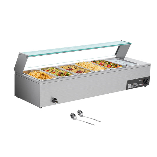 KFFKFF Commercial Food Warmer, 1500W Electric Stainless Steel Steam Table with Glass Lid, Includes 6 x 1/3 Size Pans, Buffet Bain Marie with Soup and Perforated Ladles, Ideal for Catering, Restaurant